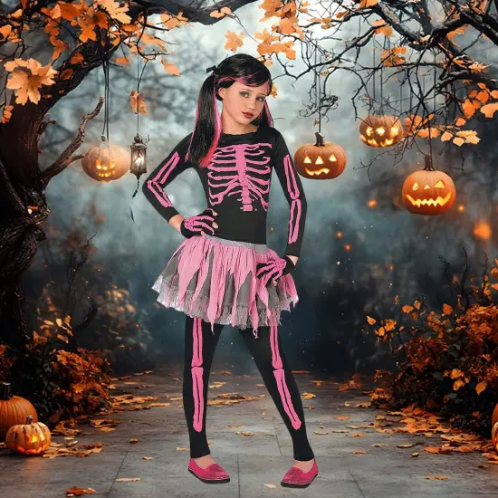 Girls Pink Skeleton Costume with Tutu Skirt and Gloves {1}