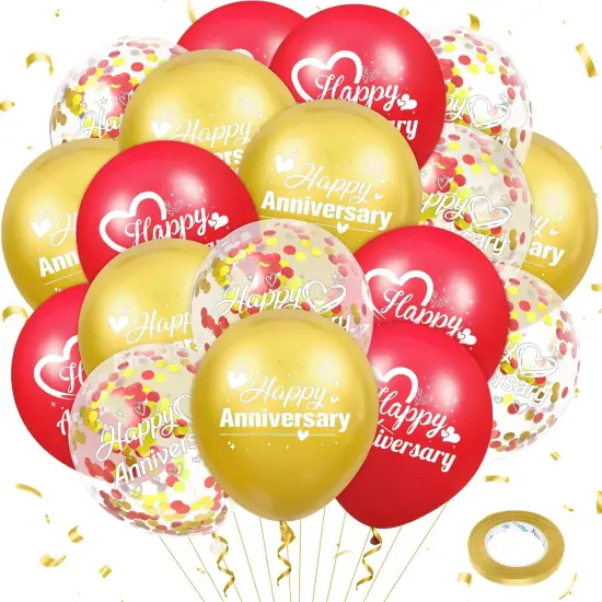 Happy Anniversary Balloons 18Pcs Red Gold Anniversary Party Decorations for Women Men Red Gold 12Inch Metallic Confetti Anniversary Balloons for Indoor Outdoor Party Supplies {1}