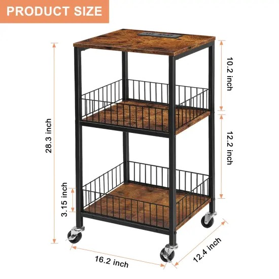 Industrial End Table with Storage Shelf & Charging Station Lockable Wheels, Sturdy Wood & Iron Mesh Nightstand for Bedroom, Living Room, or Office {2}