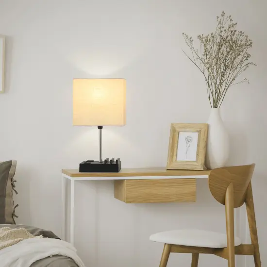 2PCS Modern Table Lamps Bedside & Desk Lamps with USB-C, USB, AC Outlet & 4 Phone Stands Includes LED Bulbs, Linen Shade &ndash; UL Certified, Gift for Home & Office {6}