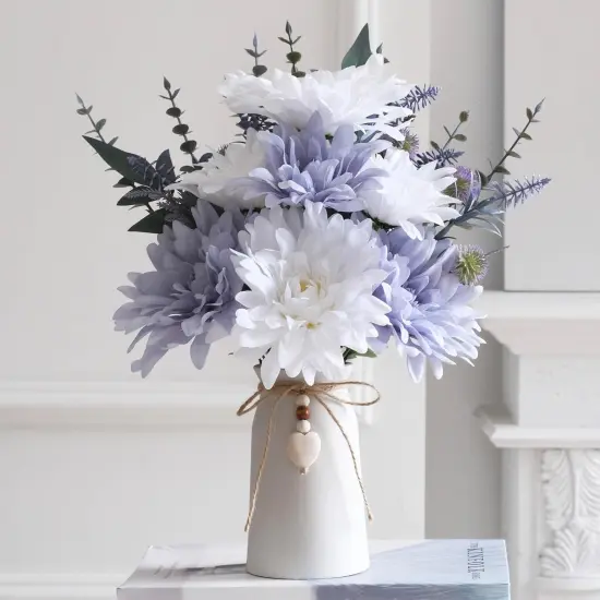 16" Artificial Flowers with Eucalyptus Stems and Greenery, Faux Dahlia Flower Arrangement in White Ceramic Vase with Heart Charm D&eacute;cor, Rustic Farmhouse Table Centerpiece for Home, Kitchen & Office {1}
