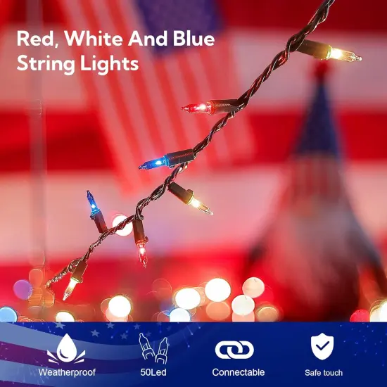 50 Count Red White and Blue Mini String Lights with Green Wire,Connectable 13ft 120V Waterproof 4th of July Patriotic Incandescent Lights, Independence Day Lights for Outdoor Indoor Decor {3}