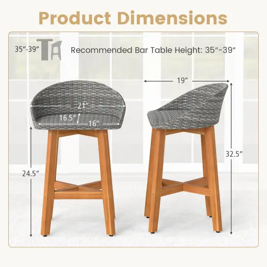 Costway Outdoor Faux Rattan Bar Chairs Set of 2/4 Solid Acacia Wood Bar Stools for Porch Brown/Gray {2}