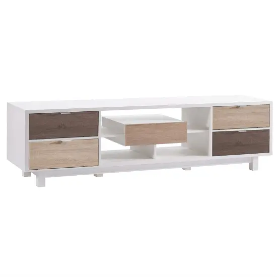 Modern 70-Inch White TV Stand with Natural Wood Shelves & Storage {2}