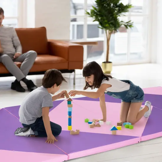 4-Panel PU Leather Folding Exercise Gym Mat with Carrying Handles and Removable Zippered Cover Pink & Purple {5}