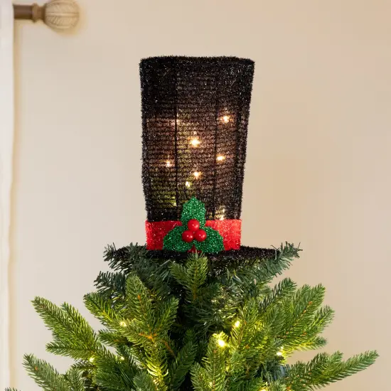 Northlight 9.25" Lighted Black Tinsel Top Hat Christmas Tree Topper, Clear Lights {1}