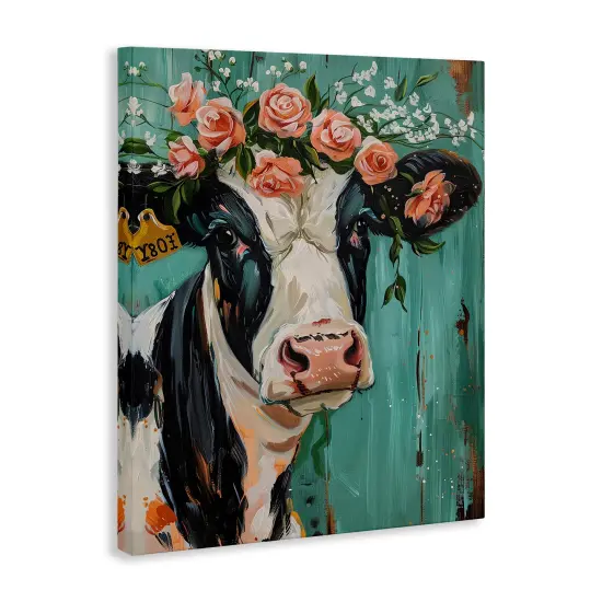 Stupell Industries Floral Cow on teal Canvas Wall Art Design by LSR Design Studio {3}