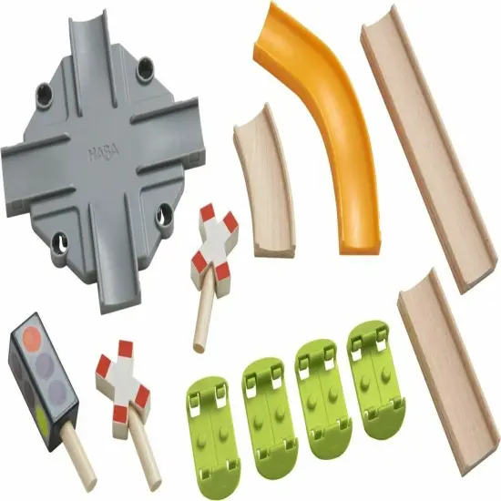 HABA Kullerbu Expansion Set - Intersection - 12 Piece Add-on Includes Railway Crossing, Traffic Signals and Allows Track to Expand in 4 Directions Multicolor {3}