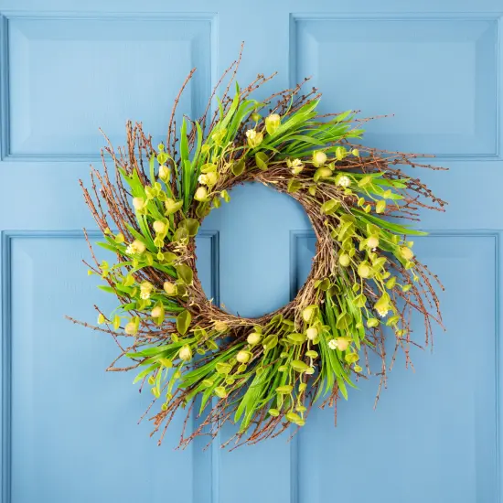 Northlight Budding Flowers, Leaves and Twigs Artificial Floral Wreath - 20" - Yellow Green {1}