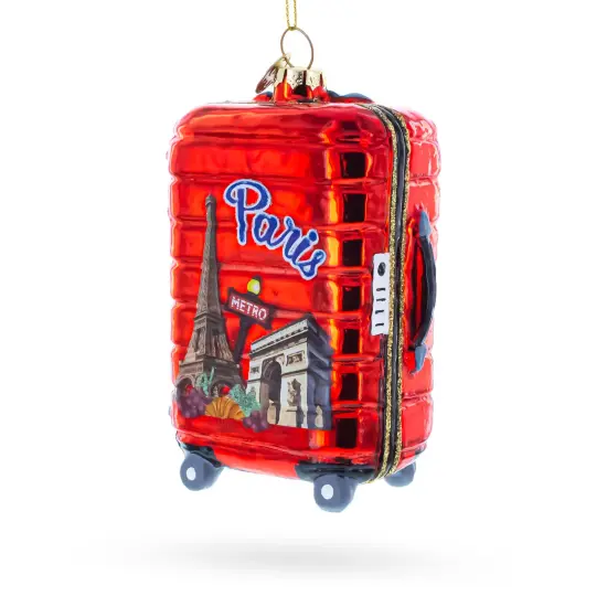 Paris Landmarks Suitcase Glass Christmas Ornament {1}