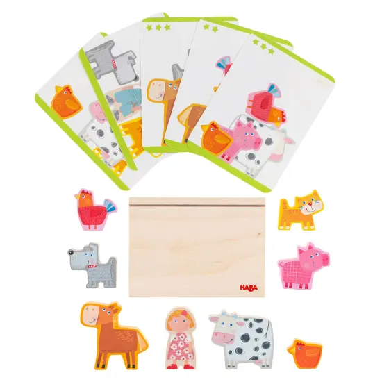 HABA Wooden Stacking Toy for Toddlers, On the Farm Educational STEM Blocks for 2+ Year Old, Montessori Learning Toys with 5 Template Cards Multicolor {7}