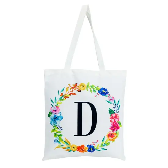 Set of 2 Reusable Monogram Letter D Personalized Canvas Tote Bags for Women, Floral Design (29 Inches) White {5}
