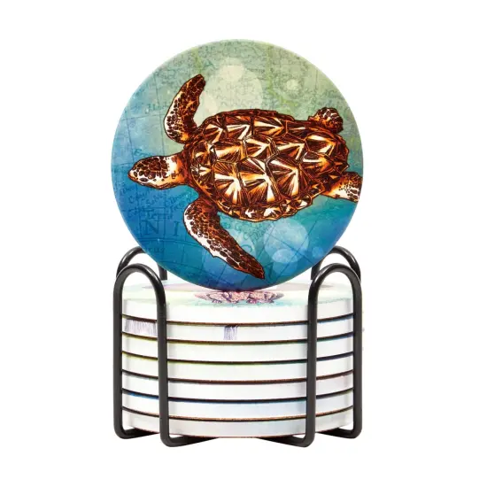 Set of 8 Ocean Animal Ceramic Table Coasters for Drinks with Holder and Cork Base (4 In) Multicolor {5}