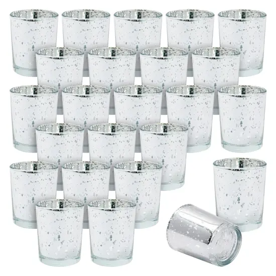 24-Pack Mercury Glass Speckled Candle Holders for 2-Inch Votive Candles, 2.6-Inch Tall Silvered Glass Candleholders for Short Round Wax and Tealight Candles (Silver) {1}