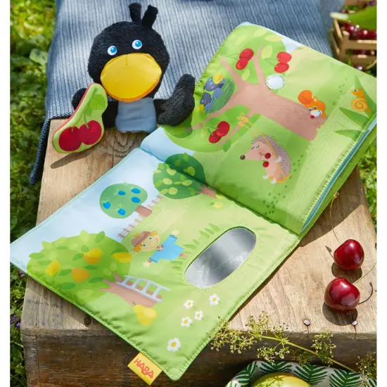HABA Baby Soft Book and Interactive Busy Book for Babies 6-12 Months, Orchard Theme with Raven Finger Puppet and Fruit Basket Multicolor {7}