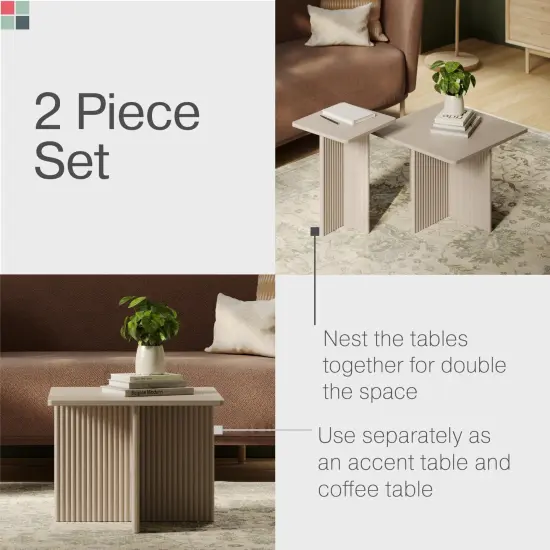 Stead Square Fluted Nesting Coffee Tables, 2 Piece Coffee Table Set, Modern Drink Desk for Living Room, Modern Home Decor, Solid Wood Base and Wood Grain Veneer Top (Weathered White) {4}
