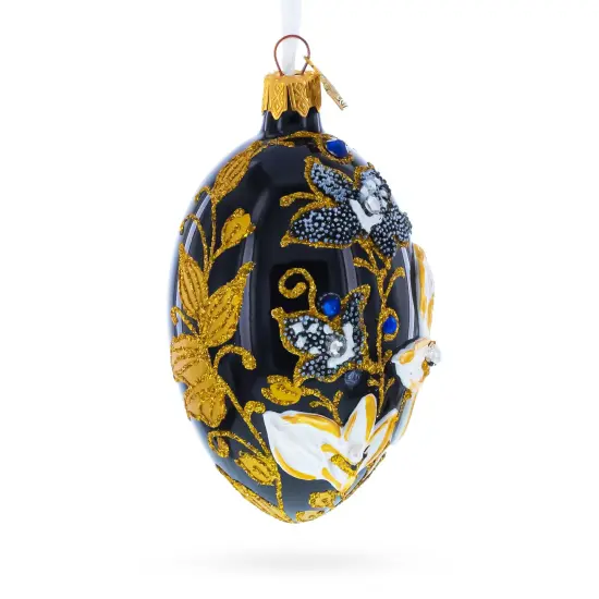Black and Gold Floral with Jewel Accents Glass Egg Ornament 4 Inches {3}