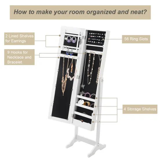 Costway Jewelry Mirrored Cabinet Armoire Organizer Storage Box with Stand Christmas Gift Black/White/Coffee/Brown {6}