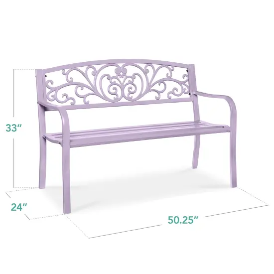 Best Choice Products Outdoor Steel Bench Garden Patio Porch Furniture w/ Floral Design Backrest Lavender {2}