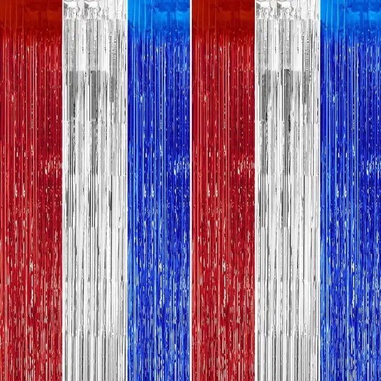2 Pack 4th of July Party Supplies,3.28 Ft x 6.56 Ft 4th of July Tinsel Backdrop,Blue Silver Red Color Fringe Curtains Streamer Backdrop,4th of July Photo Backdrop Party Decorations {1}