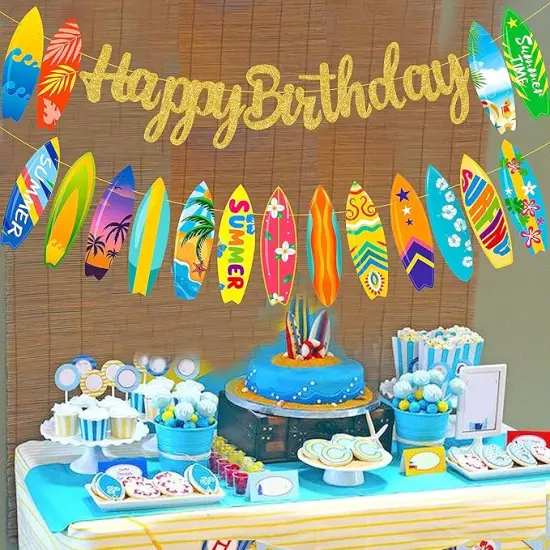 Surfing Happy Birthday Banner Surf Party Supplies Surfing Party Decorations Glitter Surfboard Banner for Summer Hawaiian Beach Birthday Decoration Swimming Pool Hawaii Party Supplies {2}