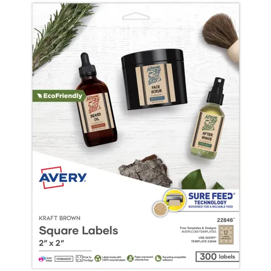 Avery Kraft Brown Square Labels with Sure Feed Technology, 2" x 2", Print to the Edge, Laser/Inkjet Printable Labels, 300 Total (22846) {1}