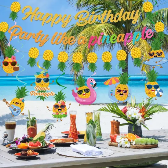 Pineapple Birthday Banner Decorations - Party Like A Pineapple Happy Birthday Banner with Hanging Swirl Tropical Party Decor for Summer Aloha Luau Hawaiian Birthday Party Supplies, Yellow {3}