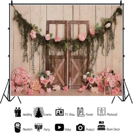10x6.5ft Wedding Backdrop Rustic Pink Rose Flowers {4}