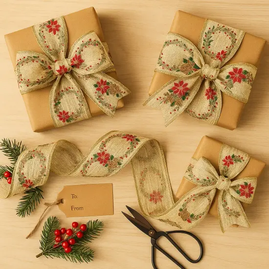 Designer&rsquo;s Shop WR 63-5215 2.5" x 10 Yards Christmas Wreath Wired Edge Ribbon &ndash; Gold Glitter Pinecones, Red Poinsettias & Holiday Garland {6}