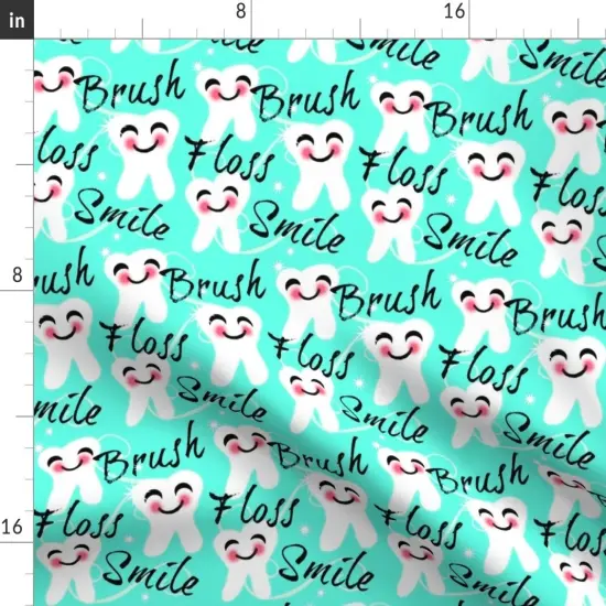 Various Fabrics by the Yard or Fat Quarter Brush Floss Smile Dental Retro Blue Kawaii Tooth Teeth Toothbrush Dentist Health Scrubs Aqua Custom Printed Fabric by Spoonflower {2}