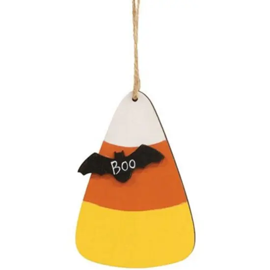 Wooden Candy Corn Ornament with Bat Accent and "Boo" Text Halloween Decoration with Jute Hanger {1}