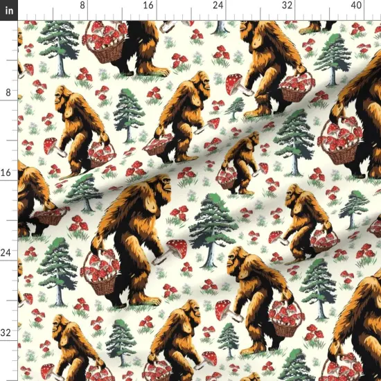 Various Fabrics by the Yard or Fat Quarter Bigfoot Mushroom Foraging Whimsical Funny Quirky Sasquatch Green Brown Red Custom Printed Fabric by Spoonflower {1}