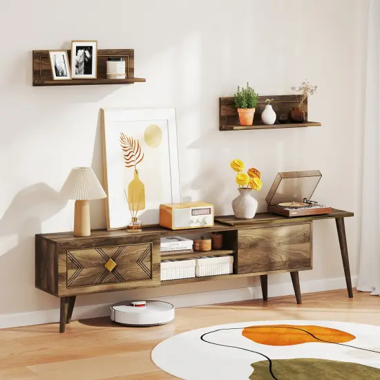 75" Walnut Entertainment Center with Floating Wall Shelves and Cabinet Storage for Living Room {4}