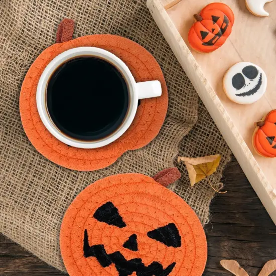 4Pcs Halloween Pumpkin Handmade Braided Cotton Coasters, 4.7 Inch {5}