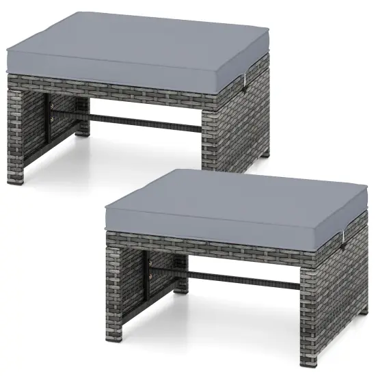 2 Piece Mix Grey Rattan Ottomans with Cushions, Sturdy Metal Frame and Multi-Function Design Navy {11}