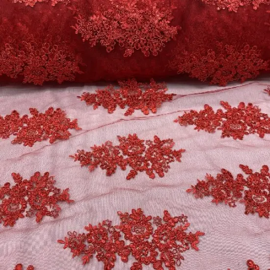 1 Yard Red Floral Sequin Lace Fabric Embroidered Mesh Polyester for Prom Dresses Gowns 51" Width {1}