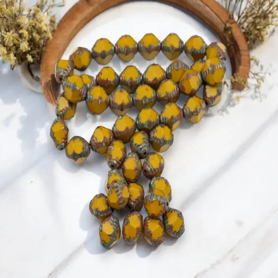 *15* 10x8mm Brown Washed Opaque Goldenrod Picasso Faceted Bicone Beads {3}