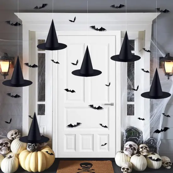 6 PCS Halloween Black Witch Hats with 3D Bats Stickers {1}