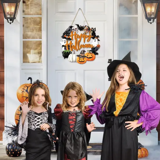 Happy Halloween Wood Wreath Ghost Black Cat Pumpkin Skull {2}