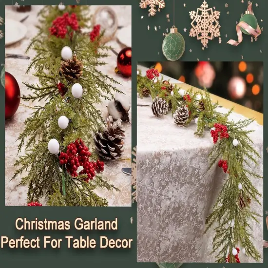 Christmas Garland with Lights, 6FT Artificial Red Berry Xmas Garland and Pinecones {2}