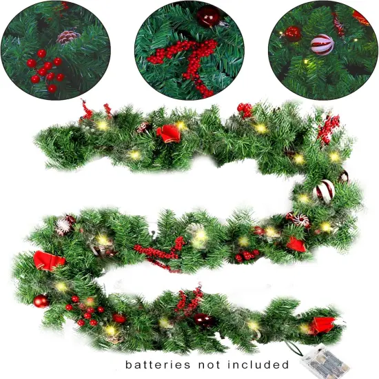 9 FT LED Christmas Garland with Pinecones Red Berries Bows Christmas Balls {4}