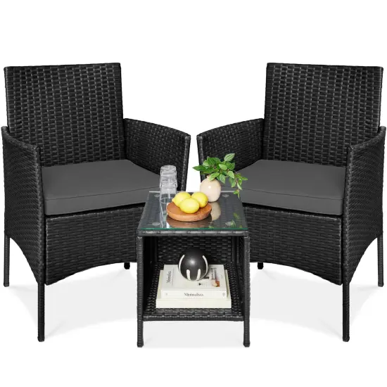 Best Choice Products 3-Piece Outdoor Wicker Conversation Patio Bistro Set, w/ 2 Chairs, Table Taupe/White Sand {7}