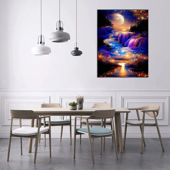 Moonlight Waterfall Stamped Cross Stitch Kits - Nature Landscape Starry Scenery Needlepoint {3}