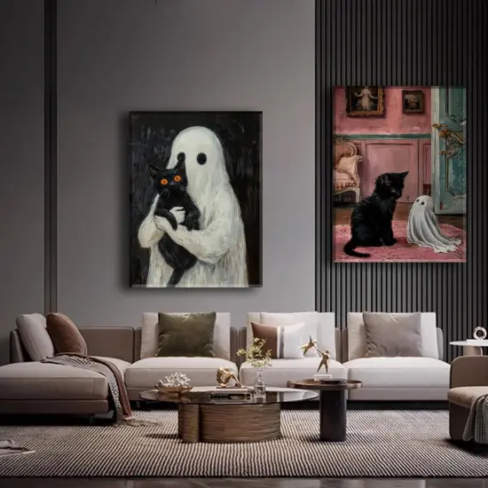Set of 2 Framed Ghost and Black Cat Wall Art - 12x16 Inch {3}