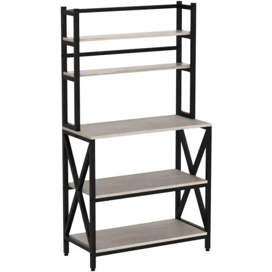 Wood Metal 5-Tier Adjustable Baker&rsquo;s Rack for Kitchen and Living Room Storage Grey {1}
