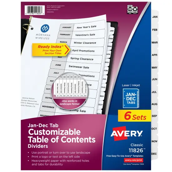 Avery Jan-Dec Dividers for 3 Ring Binders, 12 Tabs per Set, Customizable Table of Contents, Classic White Tabs (6 Sets of 11826) {1}