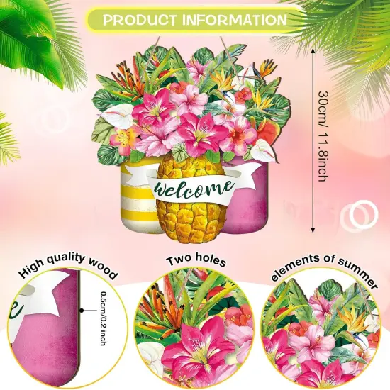 Summer Welcome Door Decoration Pineapple Mason Jar Welcome Wooden Sign Farmhouse Holidays Wall Decor with Rope for Home Front Door Porch Outdoor {3}