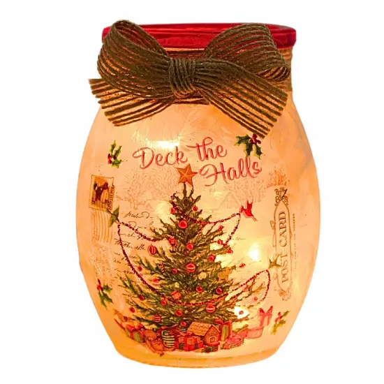 Stony Creek 4.0 Inch Vintage Postcard Small Jar Christmas Lighted Glass Accent , Christmas Decor Pre-Lit Electric Christmas TREE {1}