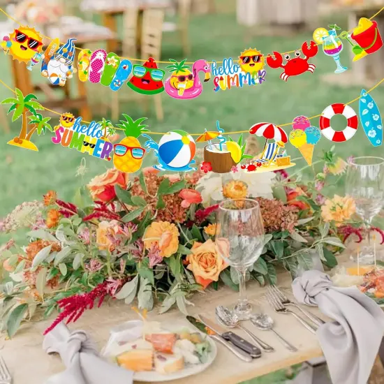 2pcs Summer Beach Pool Party Banners Hello Summer Party Decorations Beach Pool Theme Birthday Banner Decorations for Hawaii Party Baby Shower Supplies {4}