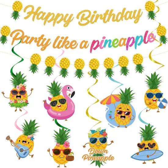 Pineapple Birthday Banner Decorations - Party Like A Pineapple Happy Birthday Banner with Hanging Swirl Tropical Party Decor for Summer Aloha Luau Hawaiian Birthday Party Supplies, Yellow {1}